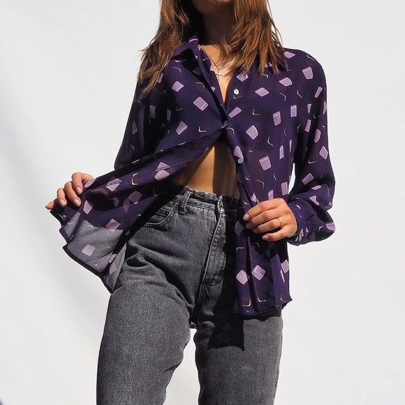 VINTAGE 80'S PURPLE ABSTRACT BLOUSE - Picture 4 of 4